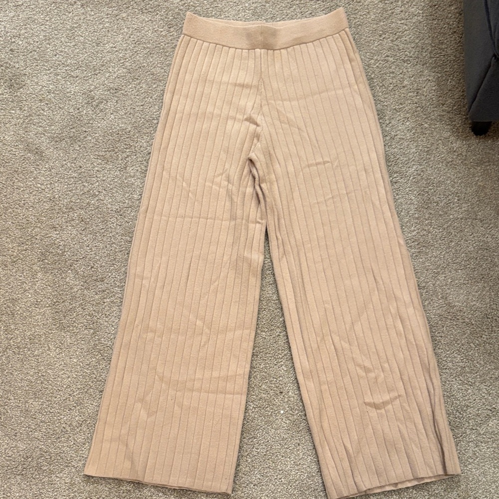 Sincerely Jules Ribbed Beige Wide Leg Pants